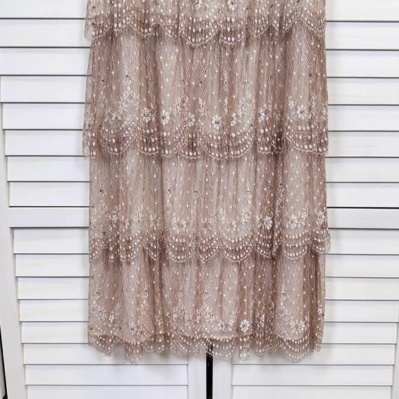 Vtg 80s Rina di Montella Silk Lace Tiered‎ Midi Dress Tan Rhinestone Size 6 - Picture 8 of 9